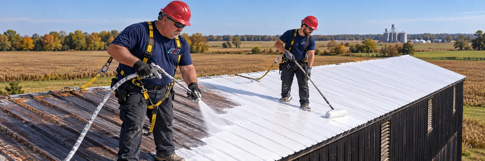 Crew in logo uniforms coating a commercial metal roof in Owensboro, KY