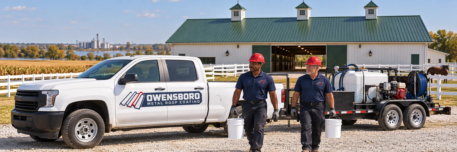 Roof coating truck staged beside a commercial building in Calhoun