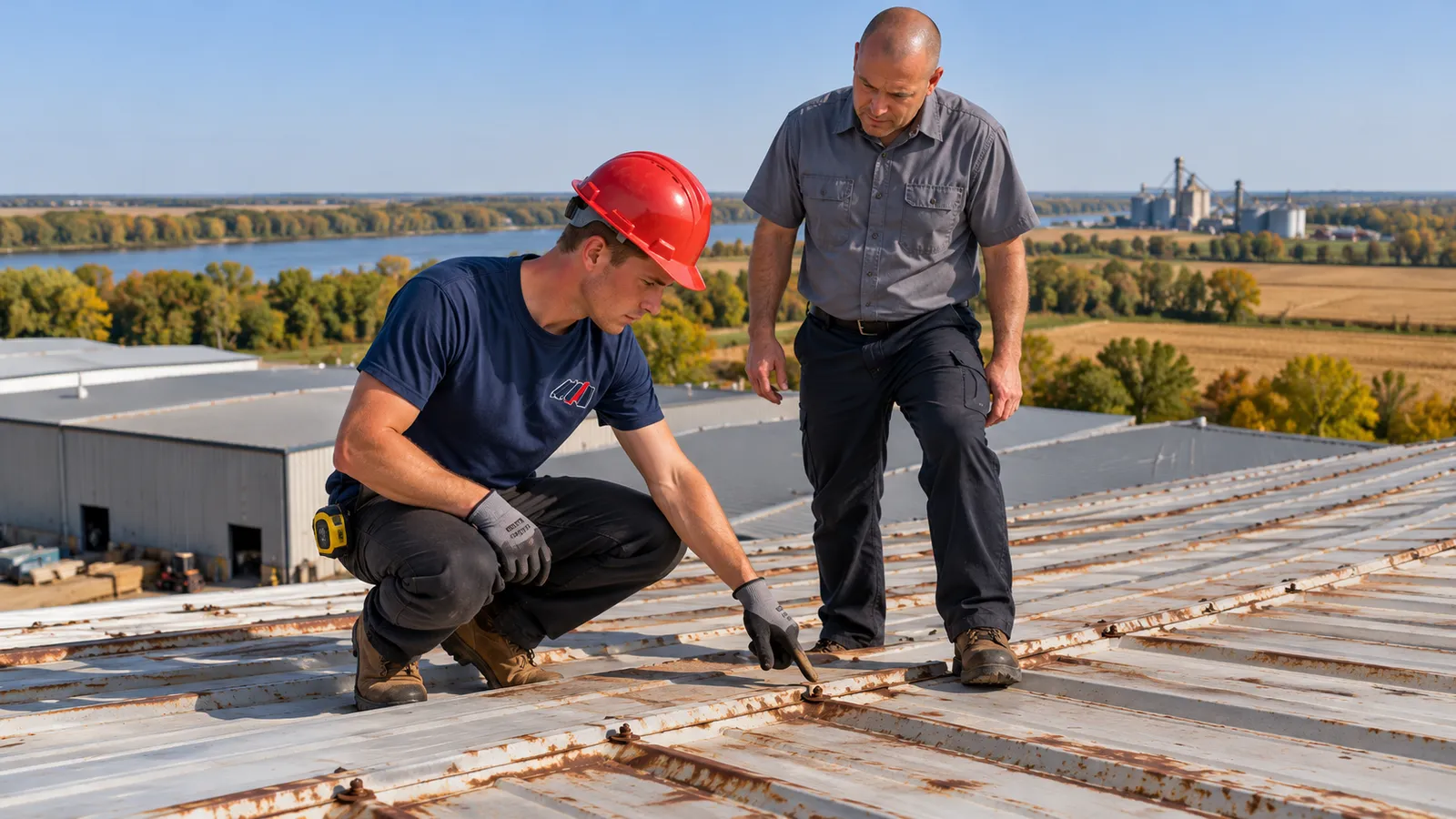 Roofer inspecting fastener rows on a commercial metal roof